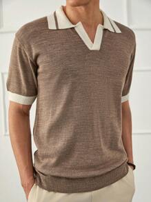 EURMUSE 男士纯色半扣 Old Money 常规 Polo 衫 - 棕色 - 查看 1