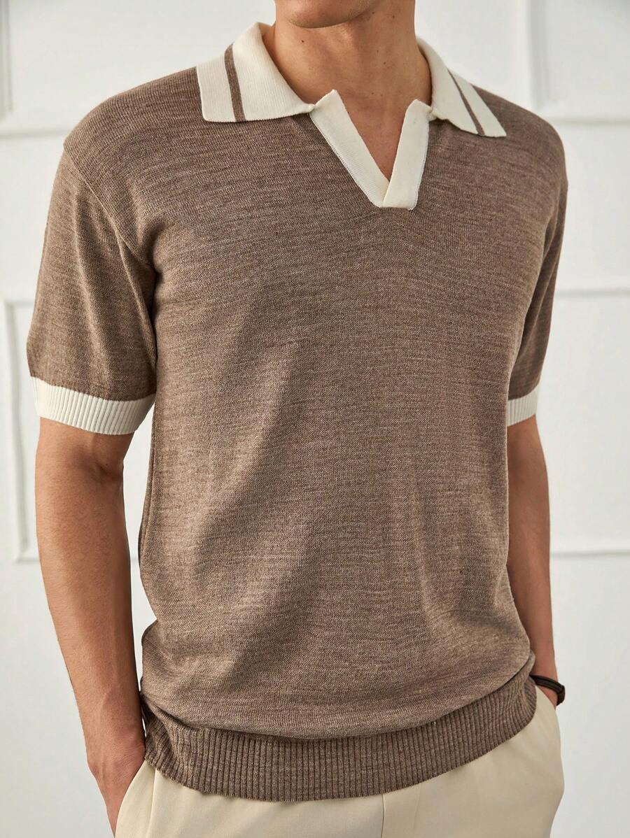 EURMUSE 男士纯色半扣 Old Money 常规 Polo 衫 - 棕色 - 查看 1