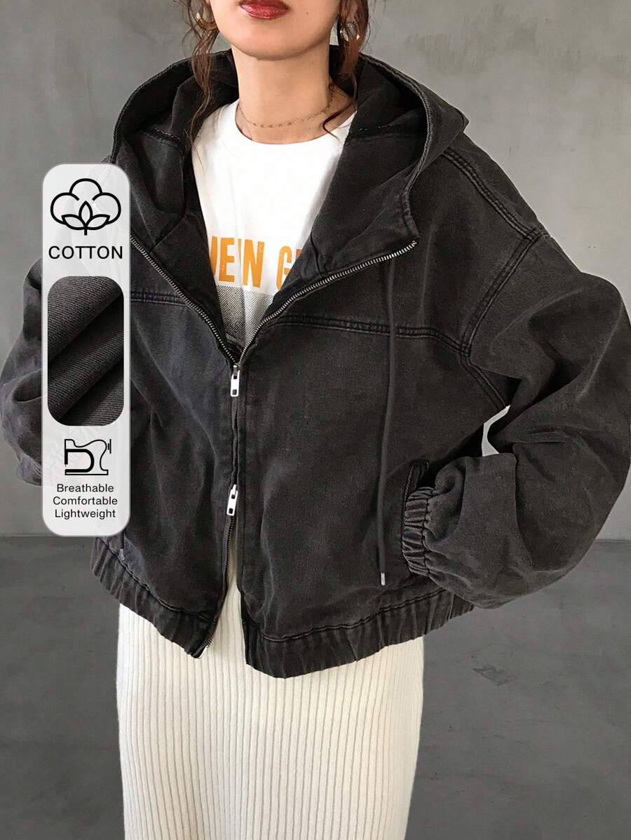 FRIFUL Women's Casual Washed Denim Hooded Jacket, Autumn - Dark Grey - View 1