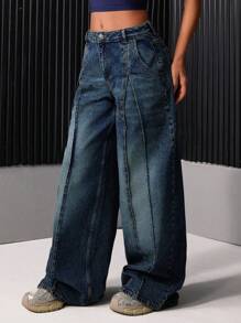 EURMUSE WOMEN MID WAIST WIDE LEG JEANS - Dark Wash - View 5