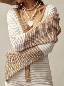 Bohemela BOHO Women's Vacation Casual Contrast Color Stripe Flare Sleeve Knit Jumpsuit
