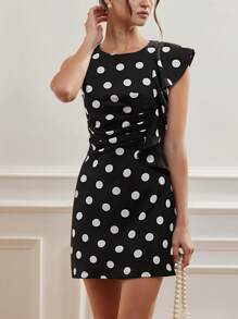 Aveloria Rosie Vestido minifalda plisado elegante y delgado para mujer con cuello redondo, diseño de lunares de contraste, volantes asimétricos y cintura fruncida, de estilo chic y de alta gama