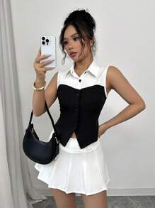 Chiquease Sleeveless Patchwork Contrast Color Shirt, Slimming