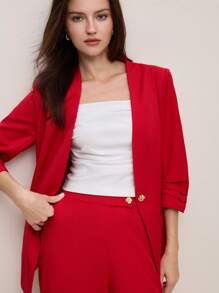BizChic Red Mid-Sleeve Women Blazer With Wide-Leg Pants Ladies Suit Set, Spring/Summer - Red - View 2