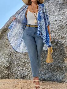 EMERY ROSE 大码女式花卉印花 3/4 袖宽松前开式休闲外套夏季女装热带度假女装秋冬超大码海滩褶边雪纺 - 彩色 - 查看 7