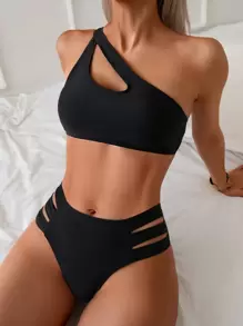 Swim Basics 2pcs/Set Women's Black Solid Color Sexy One Shoulder Swimwear Set, Beach Resort Wear For Summer Beach Vacation - Black - View 3