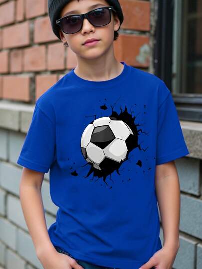 SHEIN Tween Boy Casual Creative Distressed Soccer Graphic Tee, Basic Short Sleeve T-Shirt