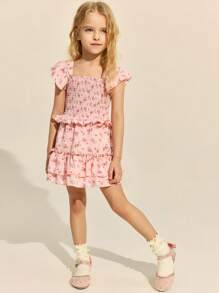 SHEIN 2pcs/Set Young Girls' Elegant Pink Woven Ditsy Floral Trim Blouse & Ruffle Hem Mini Skirt, Spring/Summer