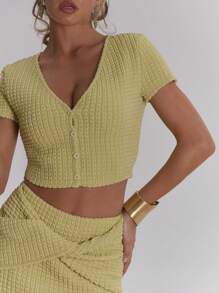 MUSERA Ruched Chiffon Stretch V Neck Button Up Cropped Top For Spring  Casual For Spring  Sexy Club - Mustard Yellow - View 2