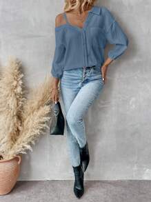 SHEIN Essnce Blusa holgada y casual de estilo callejero con hombros caídos, cuello asimétrico y unicolor, para primavera y verano, nueva moda