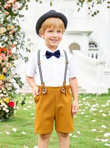 Young Boy 2pcs Outfit: White Dress Shirt And Suspender Shorts Suit - Multicolor - View 3