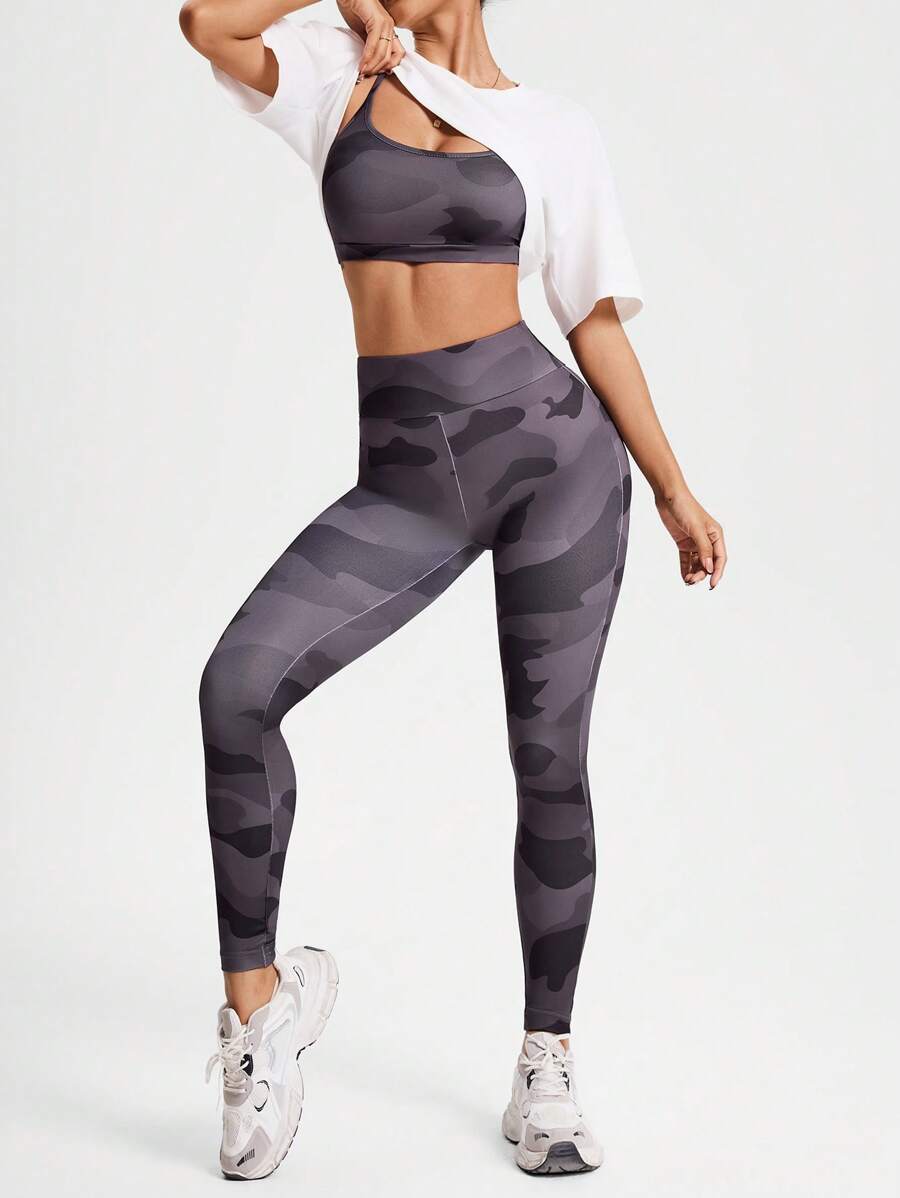 Studio SHEIN Sport Women Camo Print Cropped Camisole Top And Solid ...