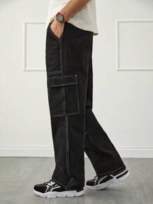 RueChic Men Dark Washed Contrast Stitch Cargo Pockets Straight Fit Jeans - Black - View 3