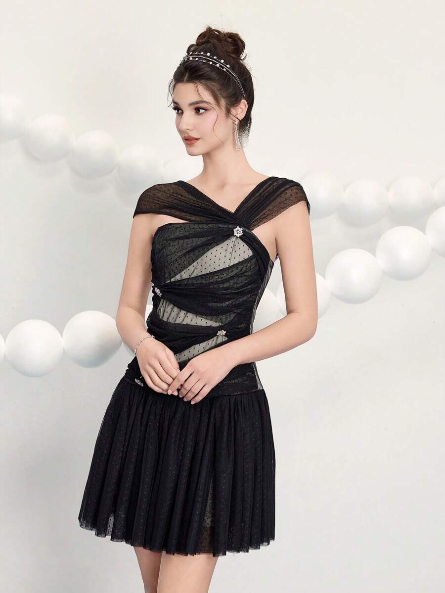 Poshira Niche Design Textured Asymmetrical Neck Bustier Polka Dot Mesh Cinched Waist A-Line Party Dress, Wedding Guest Dress For Women, Party Dress, Formal Birthday Dress, Cocktail Dresses, Women Evening Gown, Elegant Dress, Prom Dress