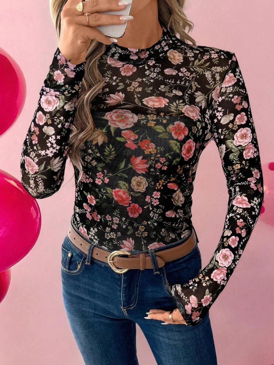 SHEIN LUNE 弹力网眼印花高领修身长袖女式上衣，休闲款 - 黑色 - 查看 1