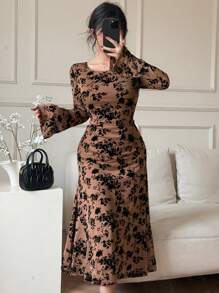 DAZY Valentine's Day Sexy Allover Print Flocked Ditsy Floral Mesh Women's Mid-Length Dress Elegant,Fall Dress Long Sleeve Dress - Coffee - View 7