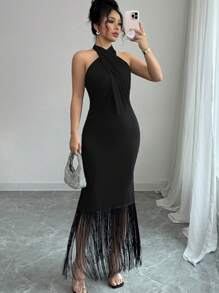 Elenzga Women's Sleeveless Cross-Back Halter Dress With Tassel Accents, Backless Design, Fashionable & Sexy, Suitable For Summer Daily Wear - Black - View 1