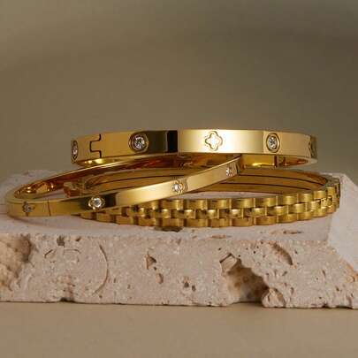 Pulsera apilable de acero inoxidable chapada en oro de 18K con diseño de cadena y trébol, estilo de moda para mujer, adecuada para uso casual, fiesta, vacaciones, cumpleaños, boda, regalo de San Valentín, Navidad, invierno y Navidad