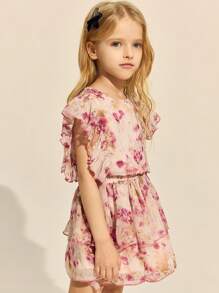 SHEIN Young Girls Elegant Pink Floral Woven Ruffle Hem Blouse / Double Layer Ruffle Hem Skirt Set, Spring/Summer - Multicolor - View 4