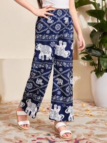 SHEIN Tween Girls Elephant Print High Waist Wide Leg Pants - Blue - View 1