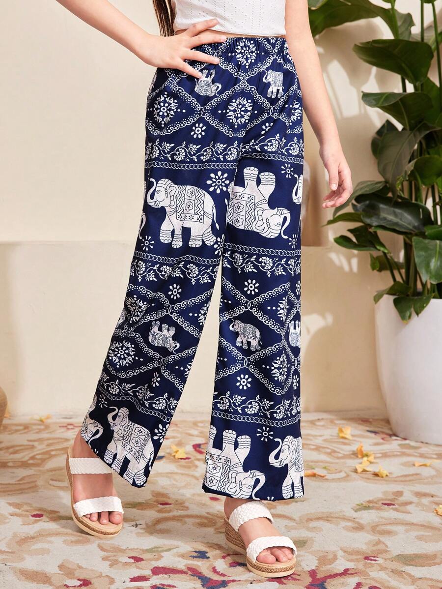 SHEIN Tween Girls Elephant Print High Waist Wide Leg Pants - Blue - View 1