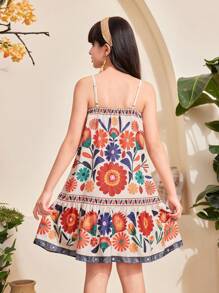 Robe midi ample à imprimé floral tropical pour pré-ado, robe de plage sans manches convenant pour l'été, la plage et les voyages - Multicolore - Voir 2