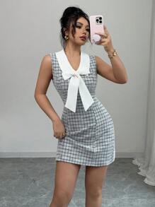 Elenzga Sleeveless Contrast Color Collar Bowknot Waist Elegant Romantic Women Dress