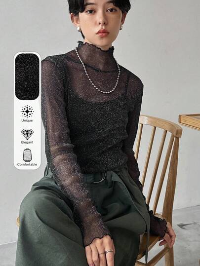 FRIFUL 女士春夏荷叶边领长袖网眼透视修身衬衫，返校服，秋季女装立领女装