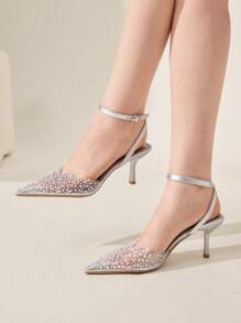 CUCCOO CHICEST Women's Pearl & Rhinestone Transparent Silver Foil Closed Toe Stilettos, Sexy Elegant Pointed Toe Mules For Christmas