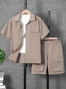 SHEIN Camisa De Manga Corta Para Adolescentes Con Estilo Callejero Y Bolsillo 3d Con Pantalones Cortos