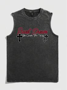 ROMWE MEN Street Life Maglietta casual senza maniche da uomo con stampa di caratteri religiosi, vestibilità ampia