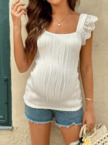 SHEIN Ruffled Square Neck Fitted Solid Maternity T-Shirt Spring Women's Clothing - Black and White - View 4