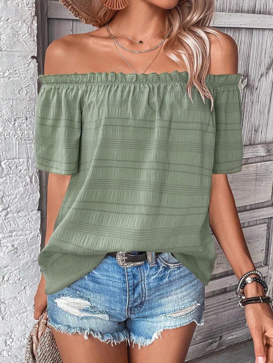 SHEIN LUNE 女士纯色露肩休闲衬衫，休闲款 - 綠色 - 查看 1