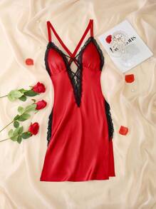 深 V 领、交叉胸围、高侧开衩、蕾丝拼布、缎面、撞色、露背性感女式睡衣 - 紅色 - 查看 6