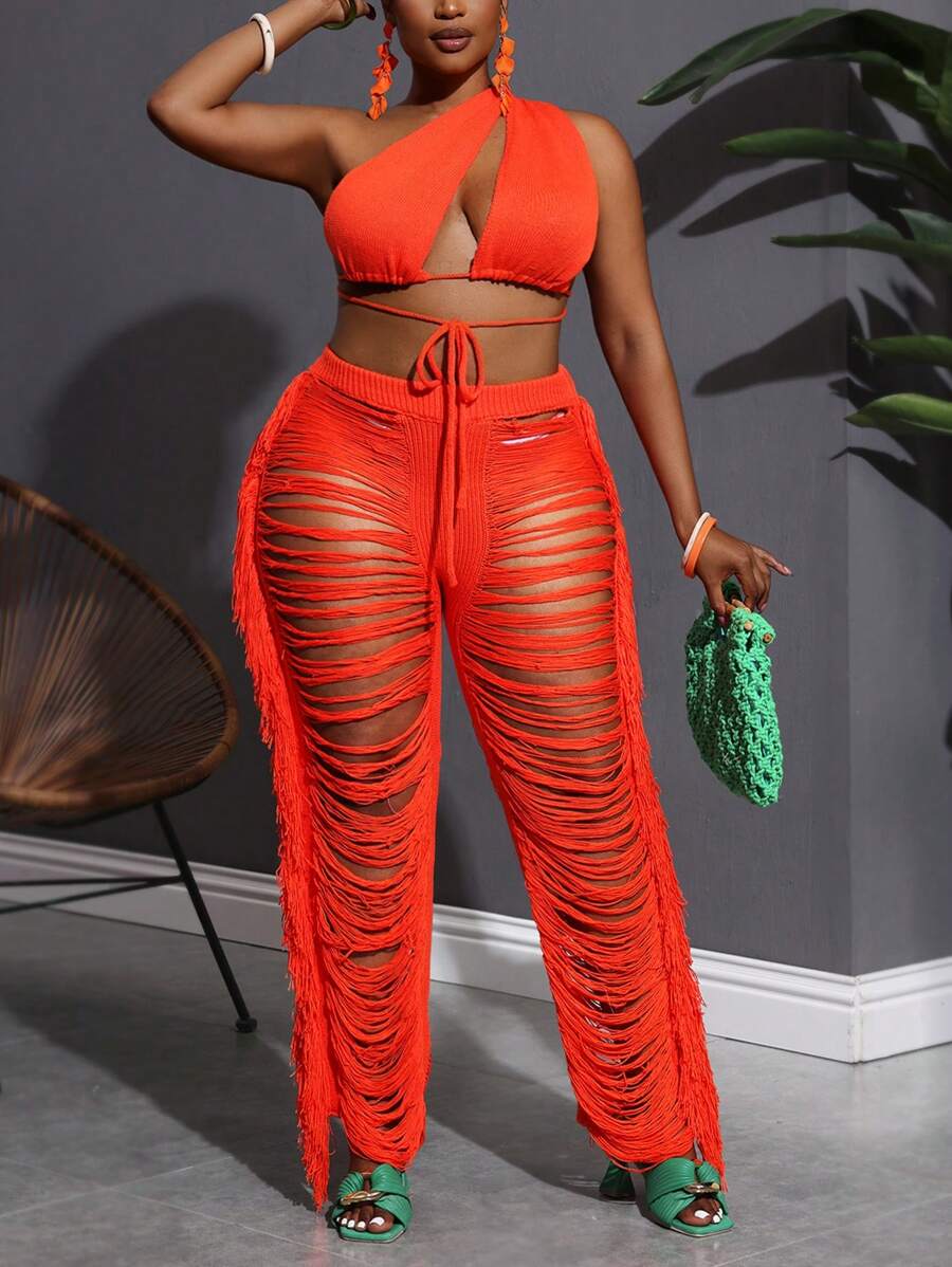 Slaydiva 2025 New Arrival Holiday Vacation Simple Hollow Out Solid Color Tie Front Top + Tassel High Waist Pants Knit 2Pcs Suit For Women, Spring/Summer - Orange - View 1