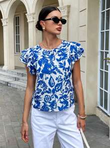SHEIN Frenchy Women's Round Neck Double Layer Frill Sleeve Floral Print Vacation Blouse