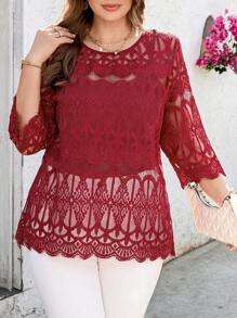 SHEIN Clasi Plus Size Women Elegant Solid Color Sheer Lace Blouse,Modesty Clothes Women,Crochet Top,Spring Outfits For Women,Red Top,Summer Tops,Vacation Style,Summer Outfits For Women,Summer Tops,Modesty Clothes Women,Floral,Shirts Women,Funny Shirts,Suitable For Everyday Elegant Wear,Vacation Outfits Woman,Summer Outfits For Women,Business Casual Woman,Going Out Tops Women ,Office Wear Women,Spring Outfits For Women,Festival ,Old Money, Short Sleeve Tops Women,Elegant Woman Clothing,Modesty Clothes Women,Casual Tops Women,Spring Break,St Patrick Day Shirt - Red - View 5