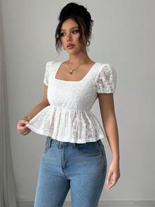 Chiquease Blusa de mujer de manga abullonada con cuello cuadrado, volantes y bordados, ideal para el verano y vacaciones - Blanco - Ver 6