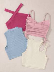 SHEIN Unity 4pcs/Set Solid Color Short Fitted Tank Tops, Suitable For Daily Wear In Summer/Spring - Multicolor - View 3