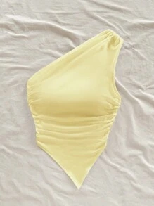 Soleia Blusa asimétrica con hombro descubierto de color amarillo pálido, adecuada para vacaciones de verano - Amarillo - Ver 7