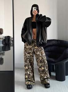 SHEIN EZwear 女士迷彩印花梭织阔腿工装裤 - 彩色 - 查看 3