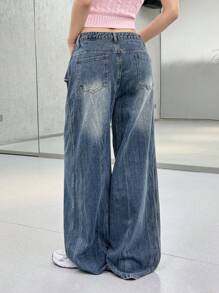 SHEIN EZwear 女式低腰宽松阔腿牛仔裤，夏季女式，低腰宽松牛仔裤，伊比沙岛，狂欢，破洞牛仔裤，狂欢牛仔裤，狂欢，女士休闲牛仔裤 - 中等水洗藍 - 查看 2