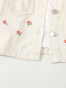 Elladie kids 女婴休闲可爱杏色和粉色花卉刺绣修身牛仔夹克，柔软面料百搭婴儿日常穿着 - 杏色 - 查看 6