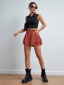 SHEIN Essnce Quần short rộng rãi hai lớp màu trơn đơn giản - Ngọn lửa đỏ tươi - Xem 3