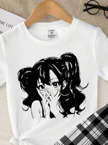 SHEIN Tween 女童休闲简约短袖和长裤睡衣套装，贴身罗纹面料，适合春夏季 - 白色 - 查看 3