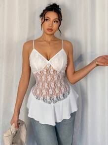 Elenzga Women's Lace Splicing Sheer Camisole - White - View 5