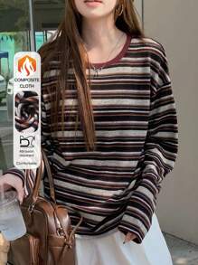 DAZY 女式条纹印花圆领长袖 T 恤，秋季学院风上衣，秋季女装