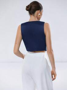 SHEIN Privé Women's Commuter-Style V-Neck Hemline Split Metallic Button Denim Effect Cropped Top - Blue - View 2