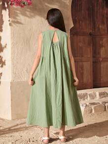 SHEIN Leap Crew Tween Girls Casual Minimalist Hollow Back Round Neck A-Line Loose Dress - Green - View 1