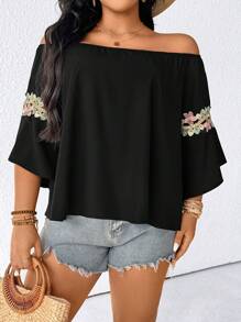 SHEIN LUNE 大码女式露肩花卉装饰衬衫，休闲中式度假装，适合派对、聚会、街头出游、春夏季 - 黑色 - 查看 5